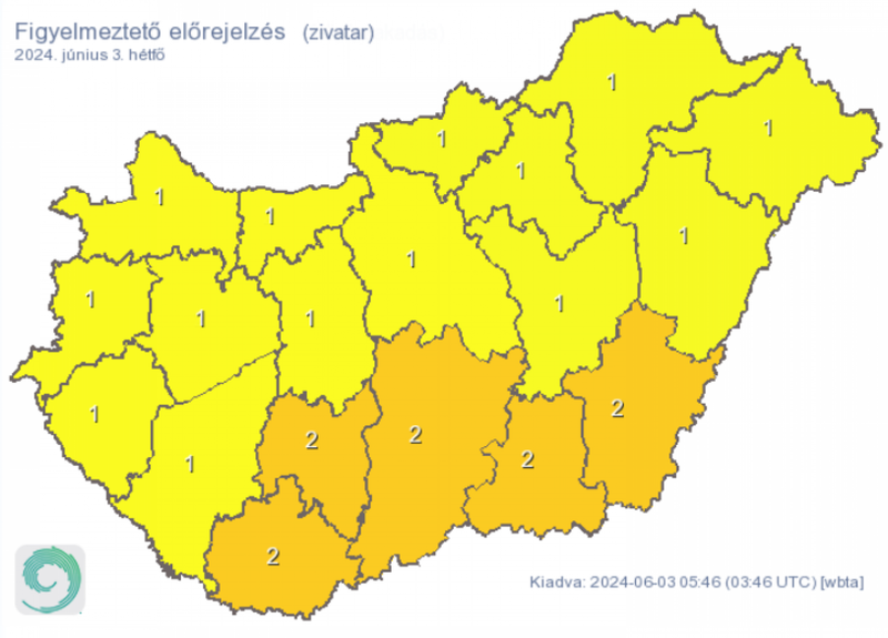 Ítéletidő várható hétfőn: másodfokú veszélyjelzés az ország öt megyéjére